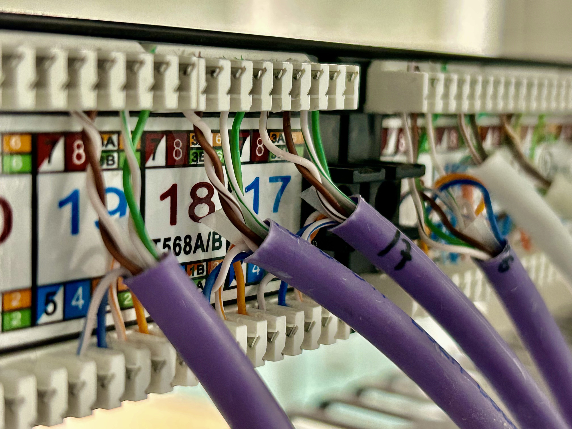 A close-up view of a structured cabling system, specifically a patch panel where twisted pair Ethernet cables are terminated. The image shows clearly the colour-coded wiring scheme (T568A/B) used for proper signal alignment and network integrity in professional installations.